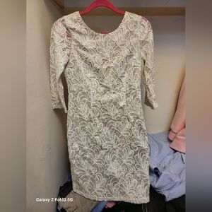 Minuet Petite Cream Lace Long Sleeve Dress